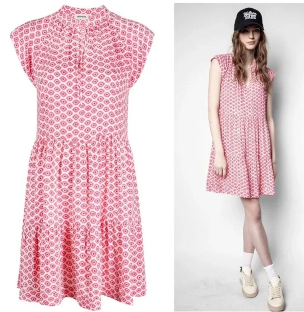 Zadig & Voltaire Rito Eyes Dress Pink White Cap Sleeve Floral Ruffle Size Large